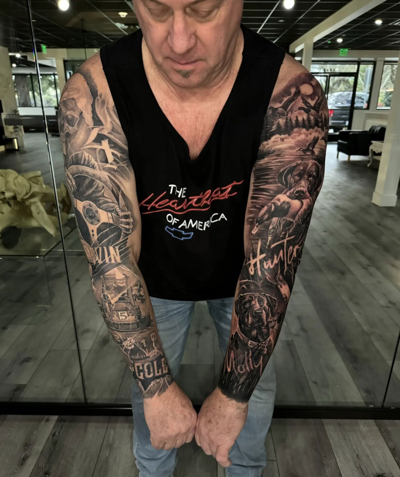 Matching black and grey sleeves with racing car, steering wheel, hunting dogs and ducks